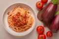 Top view plate EGGPLANT PASTA like a Calabrese and vegetables for cooking