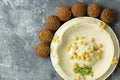 Top view of a plate with falafel and hummus â classic Middle Eastern breakfast combination Royalty Free Stock Photo