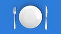 Top view of plate, forks and knive on blue background