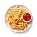 Top view on plate of french fries with ketchup. Royalty Free Stock Photo