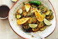 Top view plate fresh salad nut sauce Delicious healthy breakfast Royalty Free Stock Photo