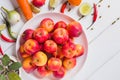 Top view of a plate of many apples