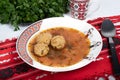 Top view of plate with meatballs soup, traditional plate of the Romanian cuisine,ciorba de perisoare