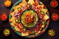 top view of a plate of nachos garnished with guacamole Royalty Free Stock Photo
