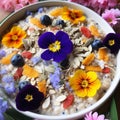 Top View. Plate with Oatmeal, Seeds, Raisins, Flowers, Berries. Healthy Breakfast.