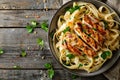 Top view of plate with pasta with chicken breast meal Royalty Free Stock Photo