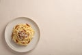 Top view plate spaghetti carbonara with copy space Royalty Free Stock Photo