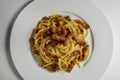Top view of plate with spaghetti carbonara Royalty Free Stock Photo