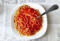 Top view of plate of spaghetti with tomato sauce