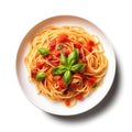 Top view of plate of spaghetti with tomatoes.