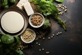 Top view of a plate of spinach, beans,Tofu, lentils, nuts, soy milk, spinach and are displayed on a stone background.