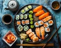 Top view of a plate with sushi and sashimi on a dark blue background Royalty Free Stock Photo