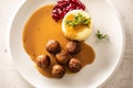 Top view of a plate with Swedish meatballs in sauce with mashed potatoes and cranberry sauce Royalty Free Stock Photo