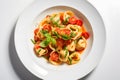 Top view of plate with tortellini pasta, tomatoes and basil Royalty Free Stock Photo