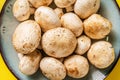 Top view on plate with white common champignon mushrooms on yellow background Royalty Free Stock Photo