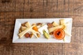 Top view of a Plateau Fromage served on a white plate