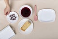 Top view. Plates with ingredients for making fruit pie