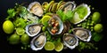 top view of platter of fresh oysters with lemon on black background. illustration Royalty Free Stock Photo