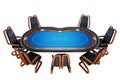 Top view poker table, poker room. Poker game, casino, Texas hold`em, online game, card games. 3D render, 3D illustration. Modern
