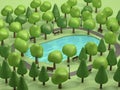 top view pond in green parks and many trees low poly 3d render cartoon style
