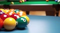 Top view of pool billiards snooker balls on green table with setup position ready for break. Royalty Free Stock Photo