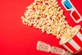 Top view of popcorn, cinema tickets and 3d glasses Royalty Free Stock Photo