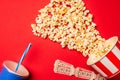 Top view of popcorn, cinema tickets and paper cup Royalty Free Stock Photo