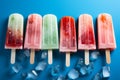 Top view of popsicles and ice cubes against a blue background Royalty Free Stock Photo