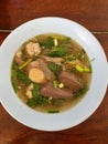 Top view, pork blood soup with pork and vegetables, popular food in Thailand