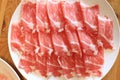 Top view of pork sliced in white dish for shabushabu, Japanese recipe