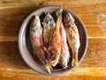 Top view of portion of fried red mullet fishes Royalty Free Stock Photo