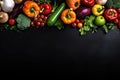 Top view portrait of assortment of fresh raw vegetables on black background with blank space. Generative AI