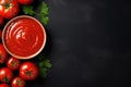 Top view portrait of assortment of fresh tomatoes and ketchup on black background with blank space. Generative AI