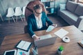 Top view portrait of busy rich finance manager in spectacles sit