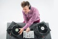 Top view portrait of dj mixing and spinning Royalty Free Stock Photo