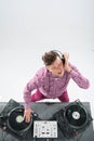 Top view portrait of dj mixing and spinning Royalty Free Stock Photo