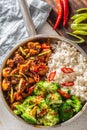 Top view portrait of a finished teriyaki chicken with rice and steamed broccoli in a pot. Fresh chilli and leeks aside Royalty Free Stock Photo