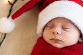 Top View Portrait First Days Life Newborn Cute Funny Sleeping Baby In Santa Hat Wrapped In Red Diaper At White Garland Royalty Free Stock Photo