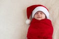 Top View Portrait First Days Life Newborn Cute Funny Sleeping Baby In Santa Hat Wrapped In Red Diaper At White Garland Royalty Free Stock Photo