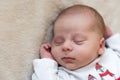 Top View Portrait First Days Of Life Newborn Cute Sleeping Baby In pajamas Wrapped In Red Diaper rug At White soft