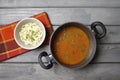 Top view on pot of tomato soup Royalty Free Stock Photo