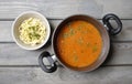 Top view on pot of tomato soup Royalty Free Stock Photo