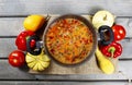 Top view on pot of tomato soup Royalty Free Stock Photo