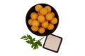 Top view potato balls with truffle sauce for online restaurant menu on white background