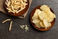 Top view of potato chips and french fries snack in dish Royalty Free Stock Photo