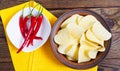 Top view - potato chips and hot pepper on table, yellow tablecloth
