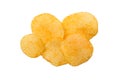 Top view of potato chips isolated on white background. Delicious piece of crispy golden chips. Tasty round potato slice