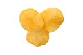 Top view of potato chips isolated on white background. Delicious piece of crispy golden chips. Tasty round potato slice