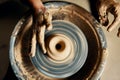 Top view of potter hands making ceramic pot on the wheel