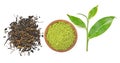 Top view of powder green tea and green tea leaf isolated on whit